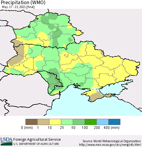 Ukraine, Moldova and Belarus Precipitation (WMO) Thematic Map For 5/17/2021 - 5/23/2021