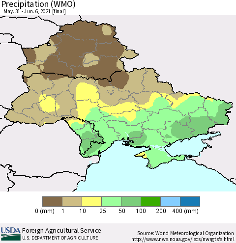 Ukraine, Moldova and Belarus Precipitation (WMO) Thematic Map For 5/31/2021 - 6/6/2021