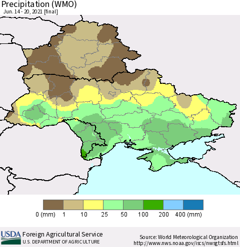 Ukraine, Moldova and Belarus Precipitation (WMO) Thematic Map For 6/14/2021 - 6/20/2021
