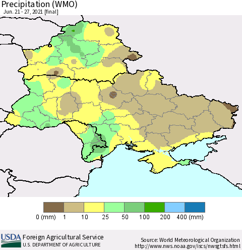 Ukraine, Moldova and Belarus Precipitation (WMO) Thematic Map For 6/21/2021 - 6/27/2021