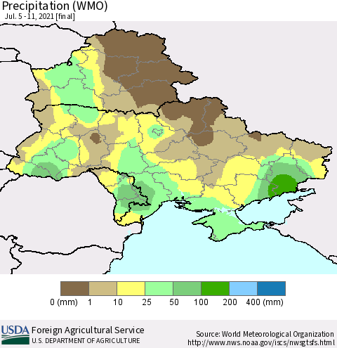 Ukraine, Moldova and Belarus Precipitation (WMO) Thematic Map For 7/5/2021 - 7/11/2021