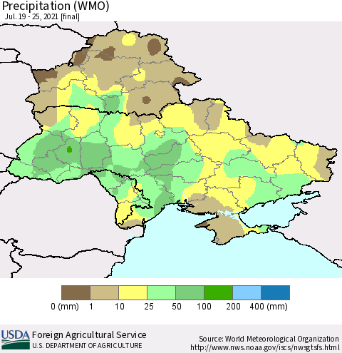 Ukraine, Moldova and Belarus Precipitation (WMO) Thematic Map For 7/19/2021 - 7/25/2021