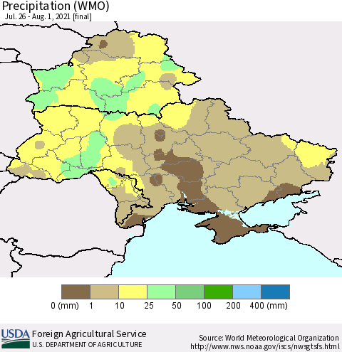 Ukraine, Moldova and Belarus Precipitation (WMO) Thematic Map For 7/26/2021 - 8/1/2021