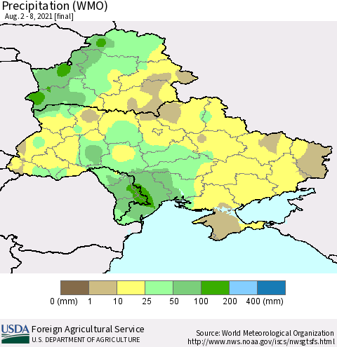 Ukraine, Moldova and Belarus Precipitation (WMO) Thematic Map For 8/2/2021 - 8/8/2021