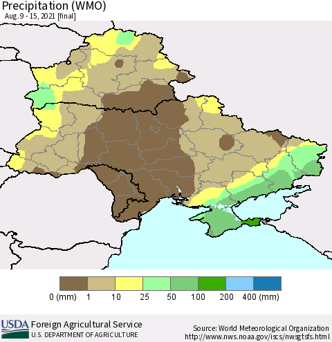 Ukraine, Moldova and Belarus Precipitation (WMO) Thematic Map For 8/9/2021 - 8/15/2021