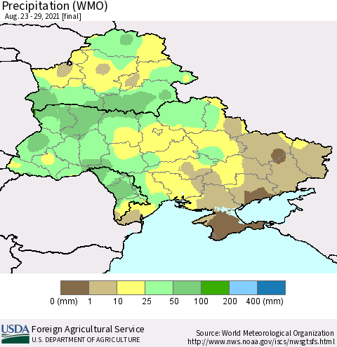 Ukraine, Moldova and Belarus Precipitation (WMO) Thematic Map For 8/23/2021 - 8/29/2021