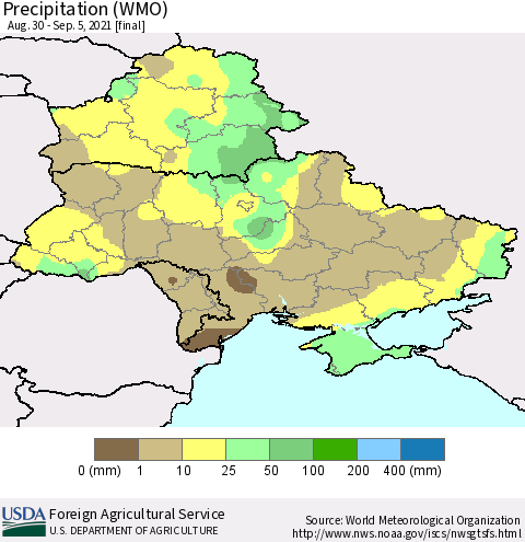 Ukraine, Moldova and Belarus Precipitation (WMO) Thematic Map For 8/30/2021 - 9/5/2021