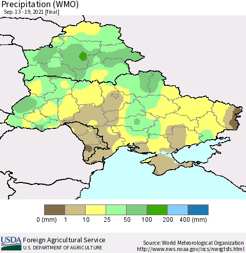 Ukraine, Moldova and Belarus Precipitation (WMO) Thematic Map For 9/13/2021 - 9/19/2021