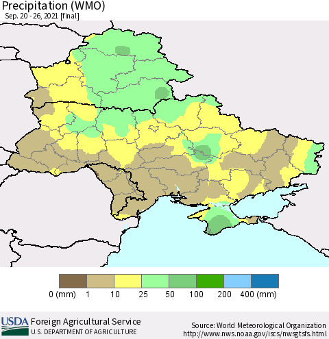 Ukraine, Moldova and Belarus Precipitation (WMO) Thematic Map For 9/20/2021 - 9/26/2021