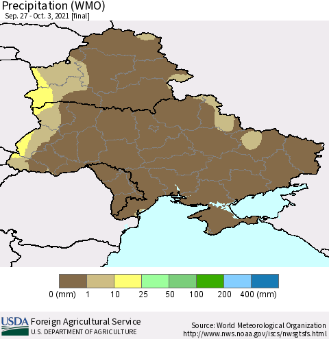 Ukraine, Moldova and Belarus Precipitation (WMO) Thematic Map For 9/27/2021 - 10/3/2021