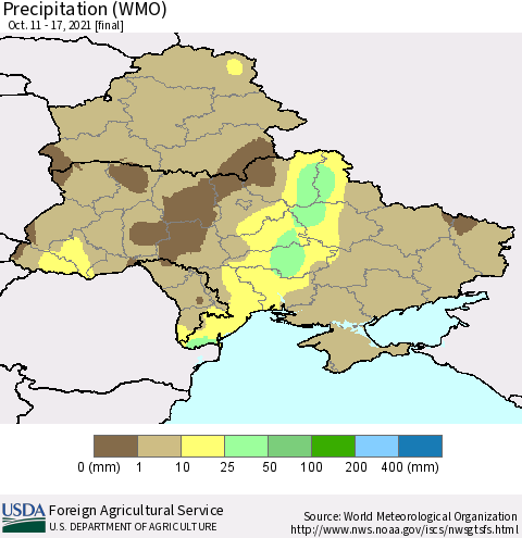 Ukraine, Moldova and Belarus Precipitation (WMO) Thematic Map For 10/11/2021 - 10/17/2021