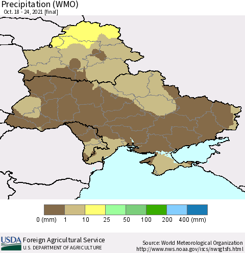 Ukraine, Moldova and Belarus Precipitation (WMO) Thematic Map For 10/18/2021 - 10/24/2021
