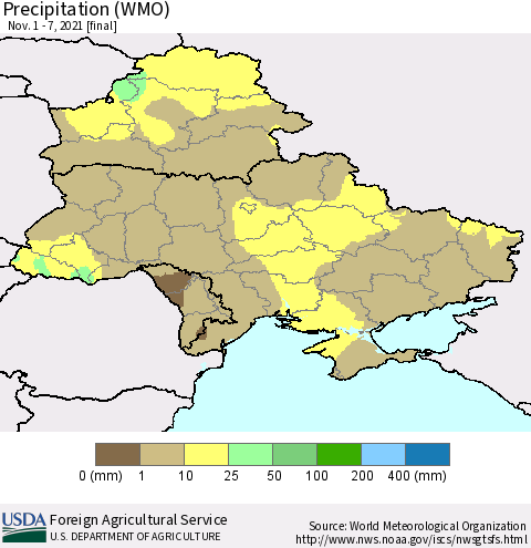 Ukraine, Moldova and Belarus Precipitation (WMO) Thematic Map For 11/1/2021 - 11/7/2021