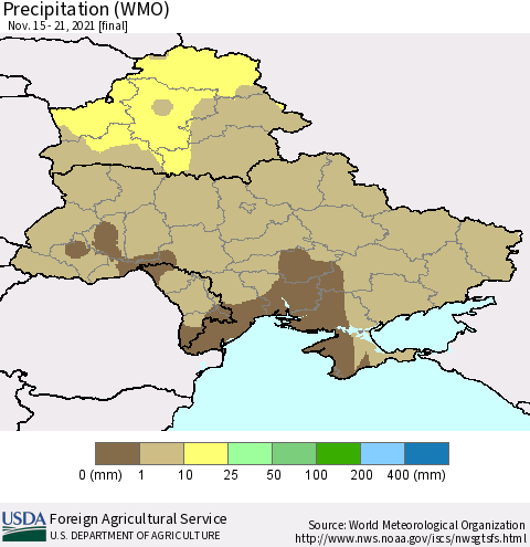 Ukraine, Moldova and Belarus Precipitation (WMO) Thematic Map For 11/15/2021 - 11/21/2021