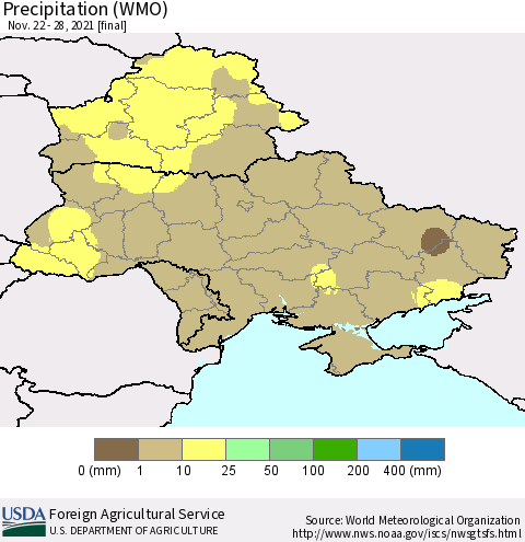 Ukraine, Moldova and Belarus Precipitation (WMO) Thematic Map For 11/22/2021 - 11/28/2021