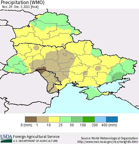 Ukraine, Moldova and Belarus Precipitation (WMO) Thematic Map For 11/29/2021 - 12/5/2021