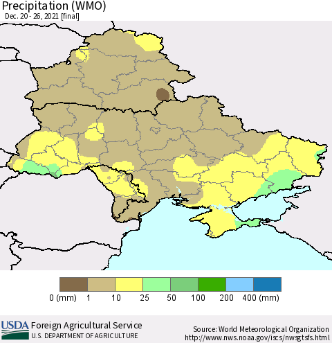 Ukraine, Moldova and Belarus Precipitation (WMO) Thematic Map For 12/20/2021 - 12/26/2021