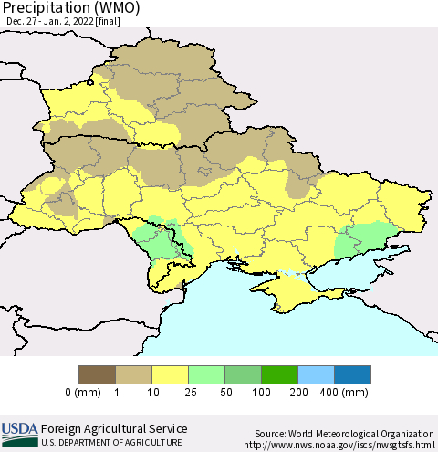 Ukraine, Moldova and Belarus Precipitation (WMO) Thematic Map For 12/27/2021 - 1/2/2022
