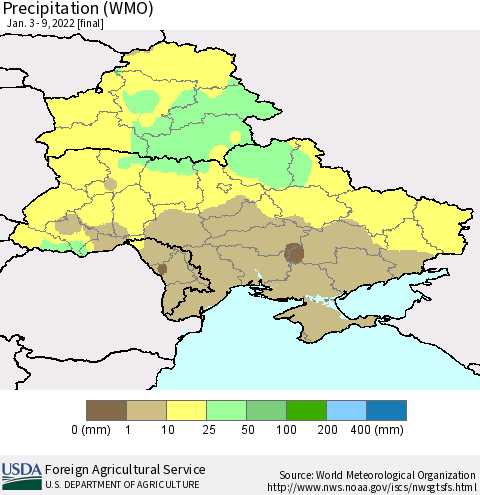 Ukraine, Moldova and Belarus Precipitation (WMO) Thematic Map For 1/3/2022 - 1/9/2022