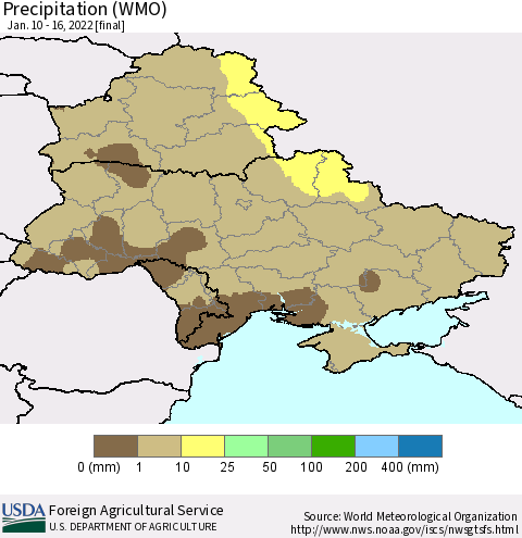 Ukraine, Moldova and Belarus Precipitation (WMO) Thematic Map For 1/10/2022 - 1/16/2022