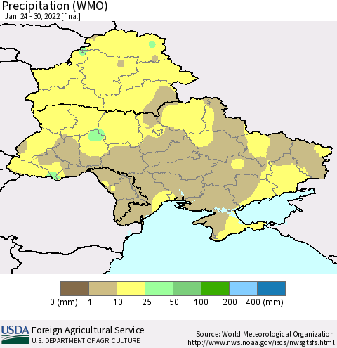 Ukraine, Moldova and Belarus Precipitation (WMO) Thematic Map For 1/24/2022 - 1/30/2022