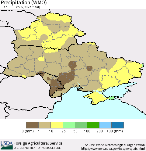Ukraine, Moldova and Belarus Precipitation (WMO) Thematic Map For 1/31/2022 - 2/6/2022