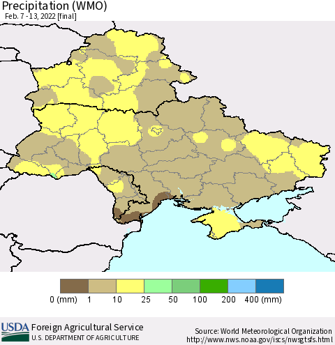 Ukraine, Moldova and Belarus Precipitation (WMO) Thematic Map For 2/7/2022 - 2/13/2022