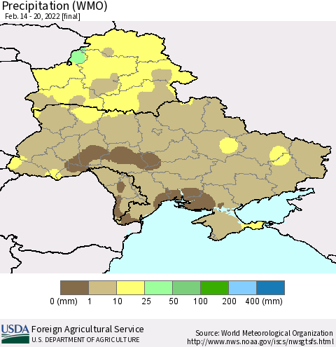 Ukraine, Moldova and Belarus Precipitation (WMO) Thematic Map For 2/14/2022 - 2/20/2022