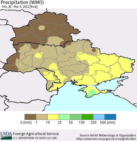 Ukraine, Moldova and Belarus Precipitation (WMO) Thematic Map For 2/28/2022 - 3/6/2022
