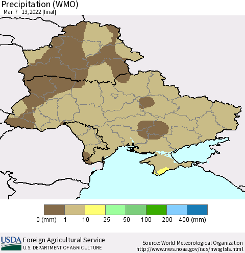 Ukraine, Moldova and Belarus Precipitation (WMO) Thematic Map For 3/7/2022 - 3/13/2022