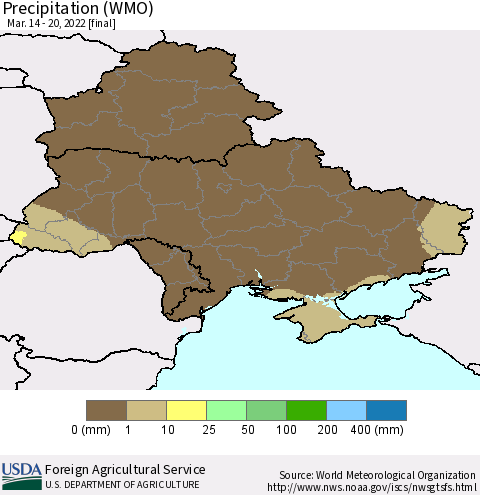 Ukraine, Moldova and Belarus Precipitation (WMO) Thematic Map For 3/14/2022 - 3/20/2022