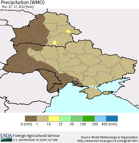 Ukraine, Moldova and Belarus Precipitation (WMO) Thematic Map For 3/21/2022 - 3/27/2022