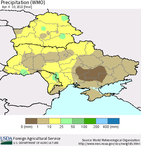 Ukraine, Moldova and Belarus Precipitation (WMO) Thematic Map For 4/4/2022 - 4/10/2022