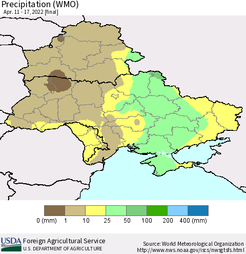 Ukraine, Moldova and Belarus Precipitation (WMO) Thematic Map For 4/11/2022 - 4/17/2022