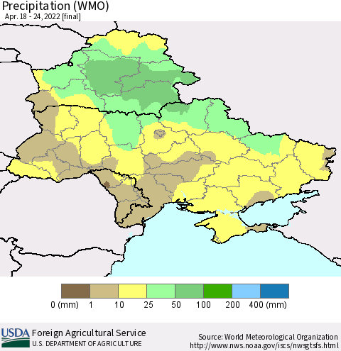 Ukraine, Moldova and Belarus Precipitation (WMO) Thematic Map For 4/18/2022 - 4/24/2022