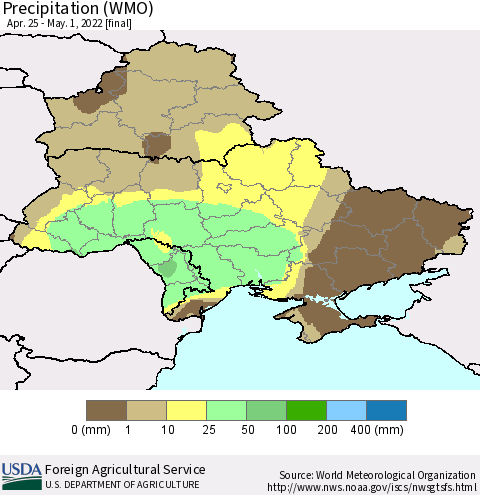 Ukraine, Moldova and Belarus Precipitation (WMO) Thematic Map For 4/25/2022 - 5/1/2022