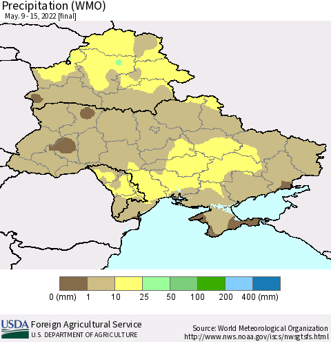 Ukraine, Moldova and Belarus Precipitation (WMO) Thematic Map For 5/9/2022 - 5/15/2022