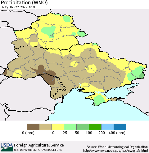 Ukraine, Moldova and Belarus Precipitation (WMO) Thematic Map For 5/16/2022 - 5/22/2022