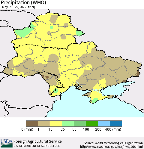 Ukraine, Moldova and Belarus Precipitation (WMO) Thematic Map For 5/23/2022 - 5/29/2022