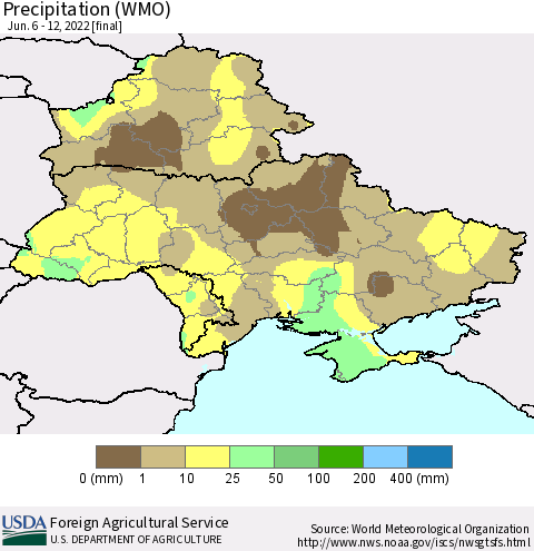 Ukraine, Moldova and Belarus Precipitation (WMO) Thematic Map For 6/6/2022 - 6/12/2022