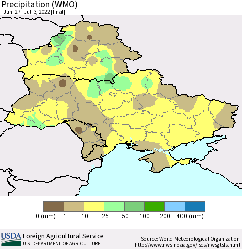 Ukraine, Moldova and Belarus Precipitation (WMO) Thematic Map For 6/27/2022 - 7/3/2022
