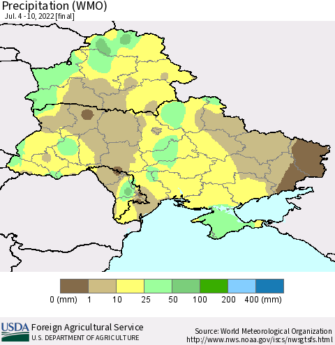 Ukraine, Moldova and Belarus Precipitation (WMO) Thematic Map For 7/4/2022 - 7/10/2022