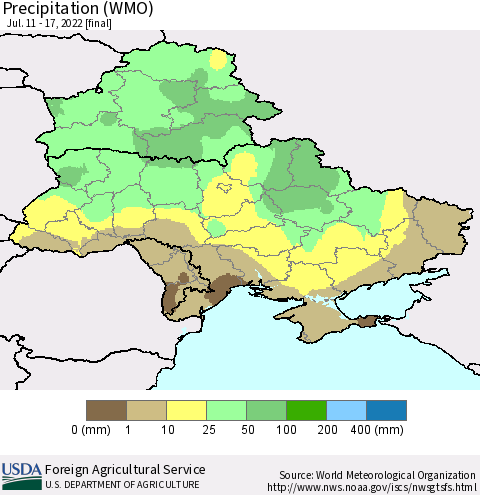 Ukraine, Moldova and Belarus Precipitation (WMO) Thematic Map For 7/11/2022 - 7/17/2022