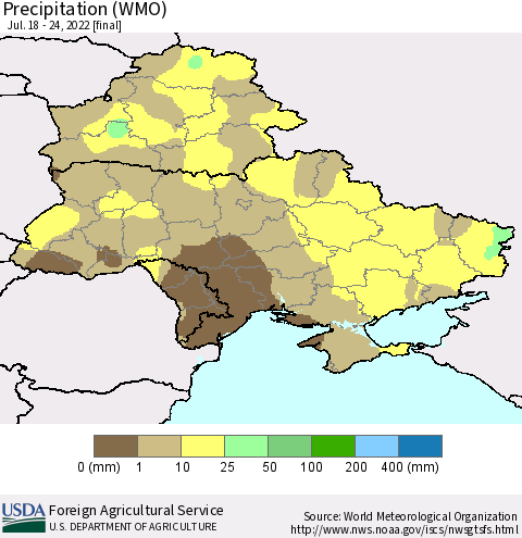 Ukraine, Moldova and Belarus Precipitation (WMO) Thematic Map For 7/18/2022 - 7/24/2022