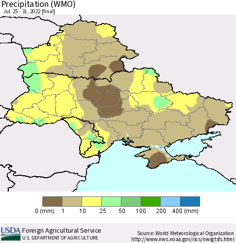 Ukraine, Moldova and Belarus Precipitation (WMO) Thematic Map For 7/25/2022 - 7/31/2022