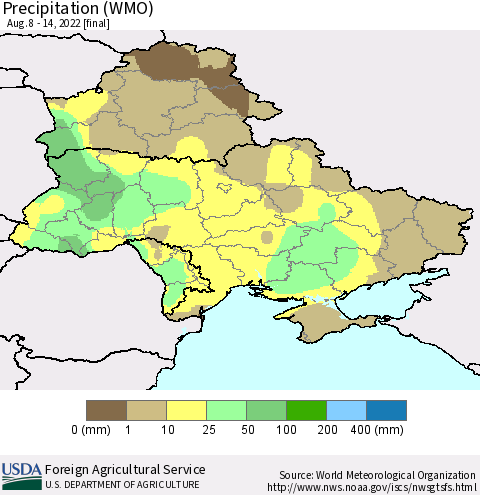 Ukraine, Moldova and Belarus Precipitation (WMO) Thematic Map For 8/8/2022 - 8/14/2022