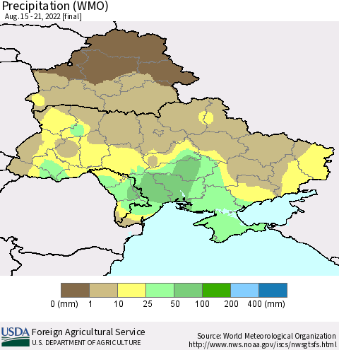 Ukraine, Moldova and Belarus Precipitation (WMO) Thematic Map For 8/15/2022 - 8/21/2022