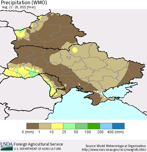 Ukraine, Moldova and Belarus Precipitation (WMO) Thematic Map For 8/22/2022 - 8/28/2022