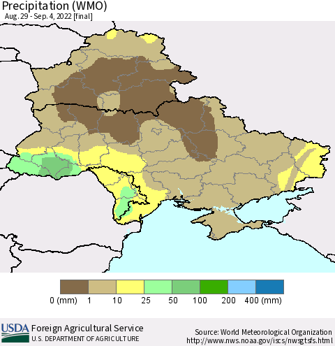 Ukraine, Moldova and Belarus Precipitation (WMO) Thematic Map For 8/29/2022 - 9/4/2022