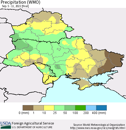 Ukraine, Moldova and Belarus Precipitation (WMO) Thematic Map For 9/5/2022 - 9/11/2022